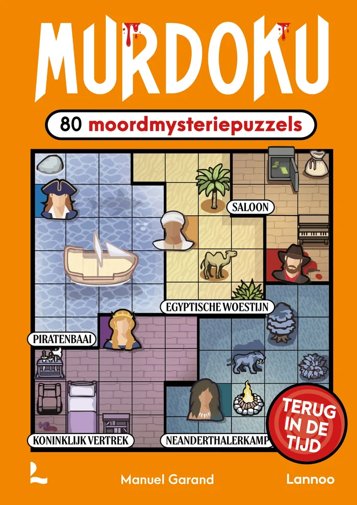 De cover van Murdoku deel 2: Terug in de tijd, met een puzzelraster met een piratenbaai, een saloon en een neanderthalerkamp